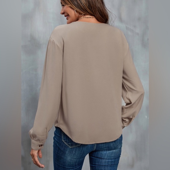 Asymmetrical Neck Buttoned Long Sleeve Top - Picture 2 of 4